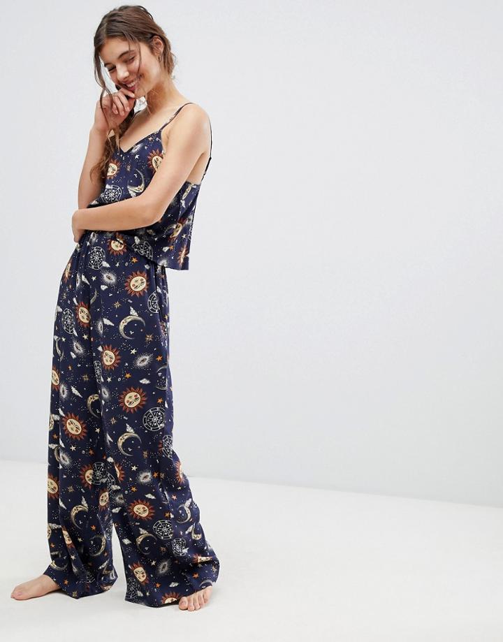 Asos Design Astrology Print Cami And Wide Leg Set In 100% Modal-navy