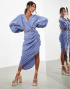 Asos Edition Textured Drape Midi Shirt Dress With Tie Detail In Blue