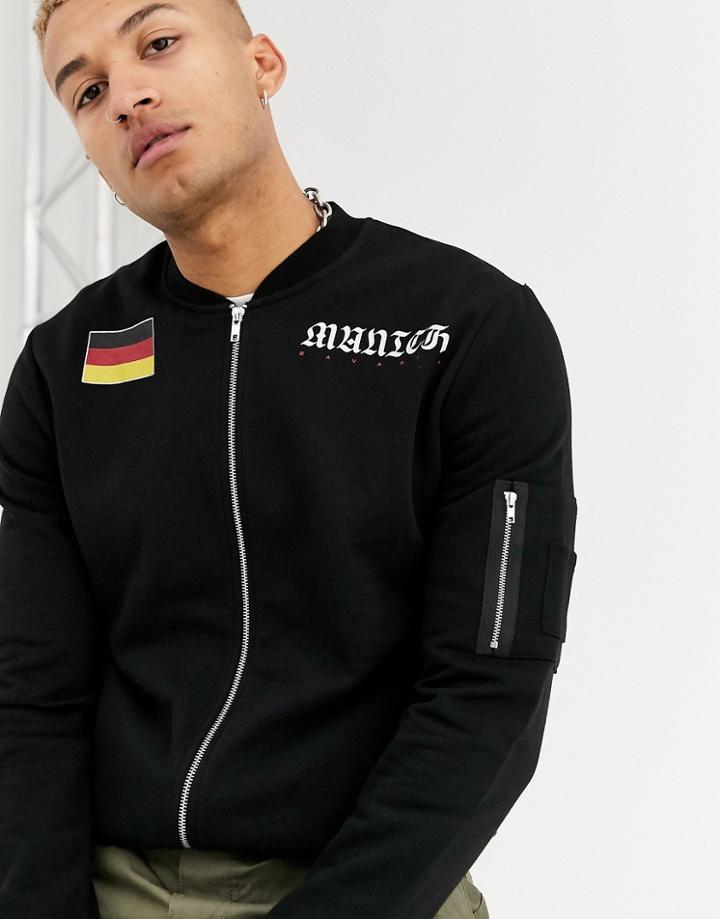 Asos Design Jersey Bomber Jacket With Ma1 Pocket And City Flag Print-black