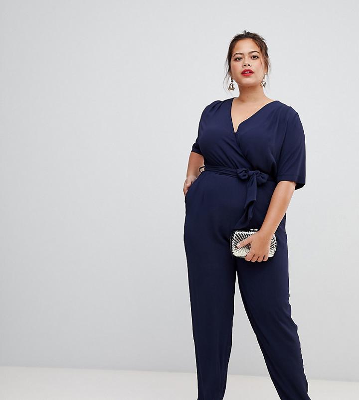 Lovedrobe Wrap Front Peg Leg Jumpsuit In Navy - Navy