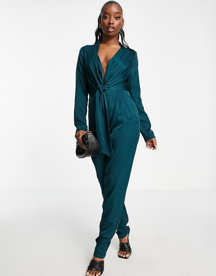 Aria Cove Plunge Front Drape Detail Jumpsuit In Emerald Green