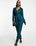 Aria Cove Plunge Front Drape Detail Jumpsuit In Emerald Green