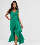 Flounce London Wrap Front Satin Midaxi Dress In Emerald Green