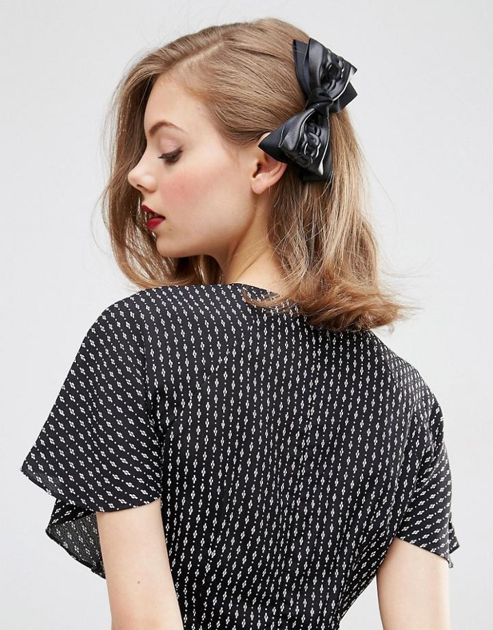 Limited Edition Faux Leather Bow Hair Barrette - Black