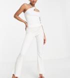 Topshop Petite Ribbed Striped Flared Pants In Ecru - Part Of A Set-white