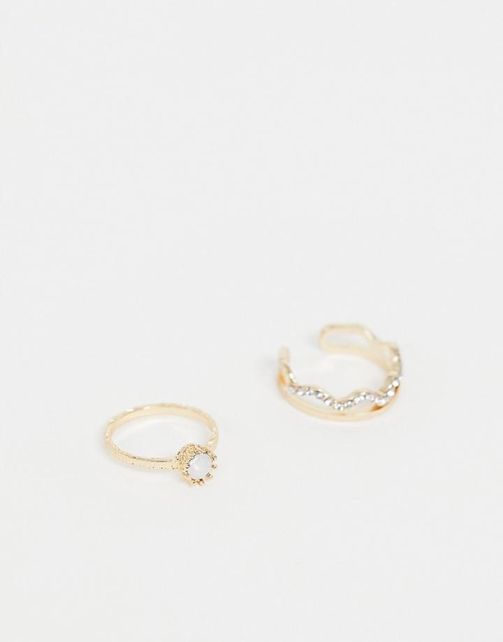 Asos Design Pack Of 2 Rings With Faux Stone And Crystal Wave Design In Gold