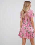 Asos Lace Up Back Tea Dress In Pretty Floral - Multi