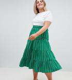 Asos Design Curve Tiered Cotton Midi Skirt In Green Stripe - Green