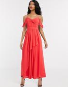 Little Mistress Cold Shoulder Maxi Dress With Knot Front Bodice In Coral-red
