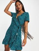 Only Nova Ditsy Print Ruffle Wrap Mini Dress In Turquoise Ditsy-multi
