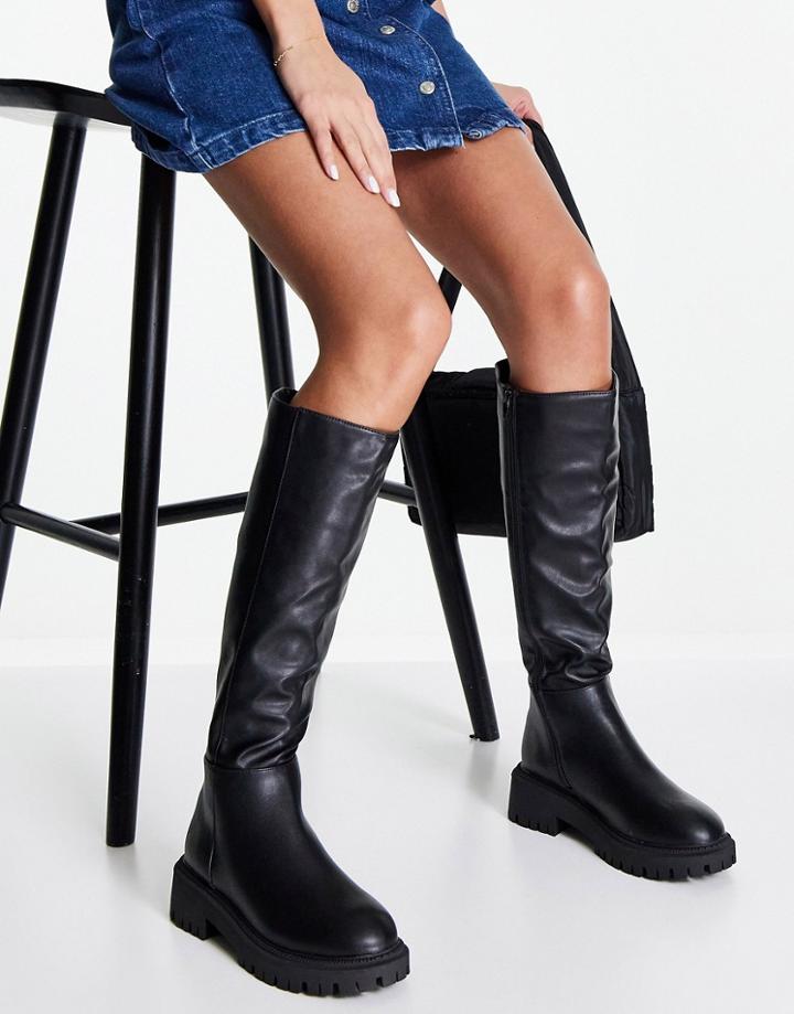 London Rebel Chunky Knee High Boots In Black