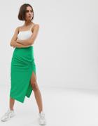 Asos Design Knot Front Rib Midi Skirt - Green