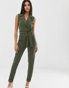 Prettylittlething Khaki Collar Tie Front Sleeveless Jumpsuit - Green