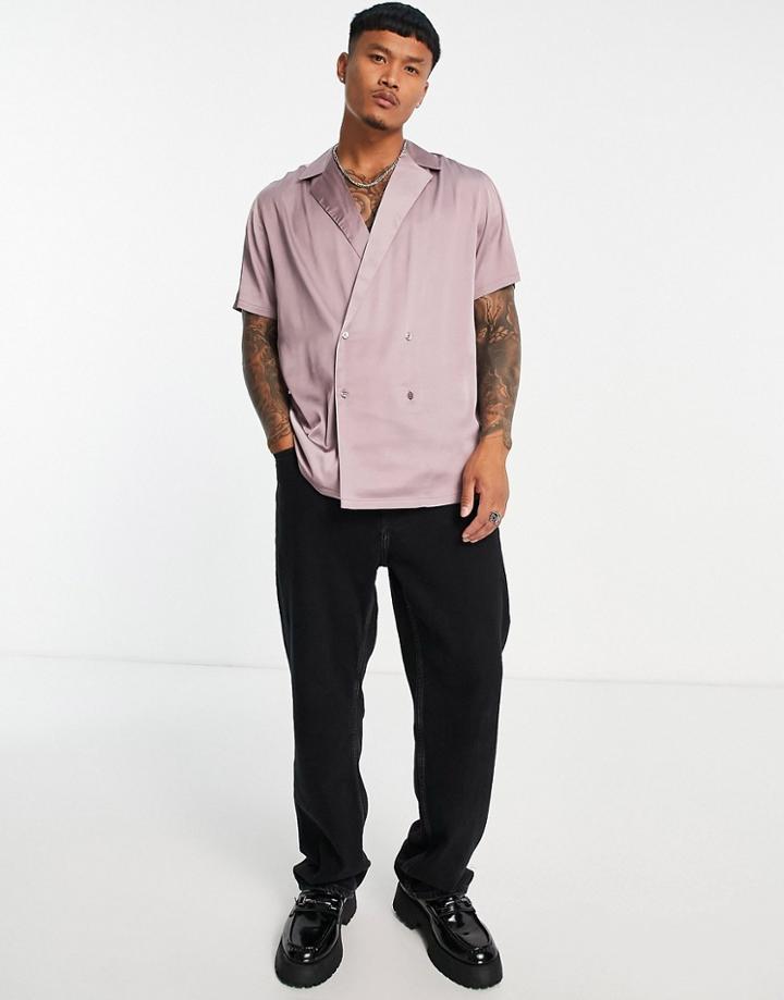 Asos Design Relaxed Satin Shirt In Recycled Polyester In Dusty Pink Cut & Sew