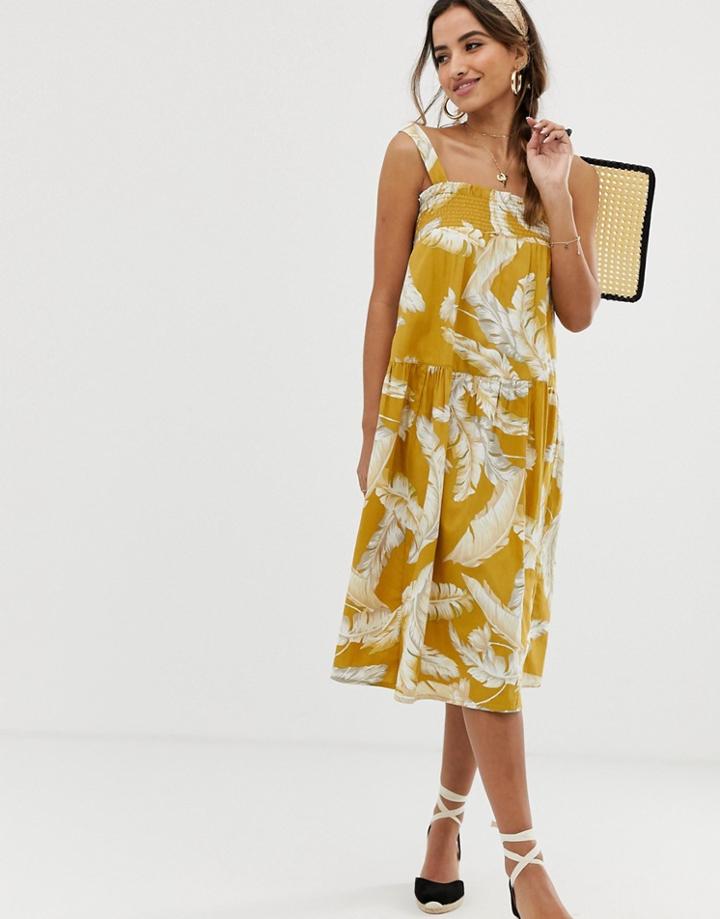 Asos Design Trapeze Midi Cotton Sundress In Palm Print-multi
