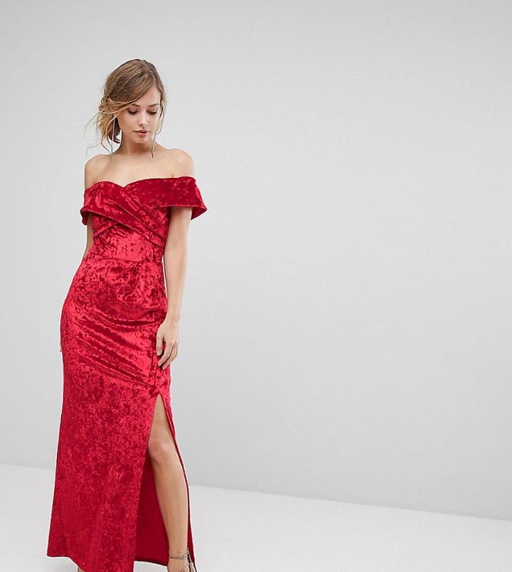 True Violet Velvet Cross Front Bardot Maxi Dress With Split - Red