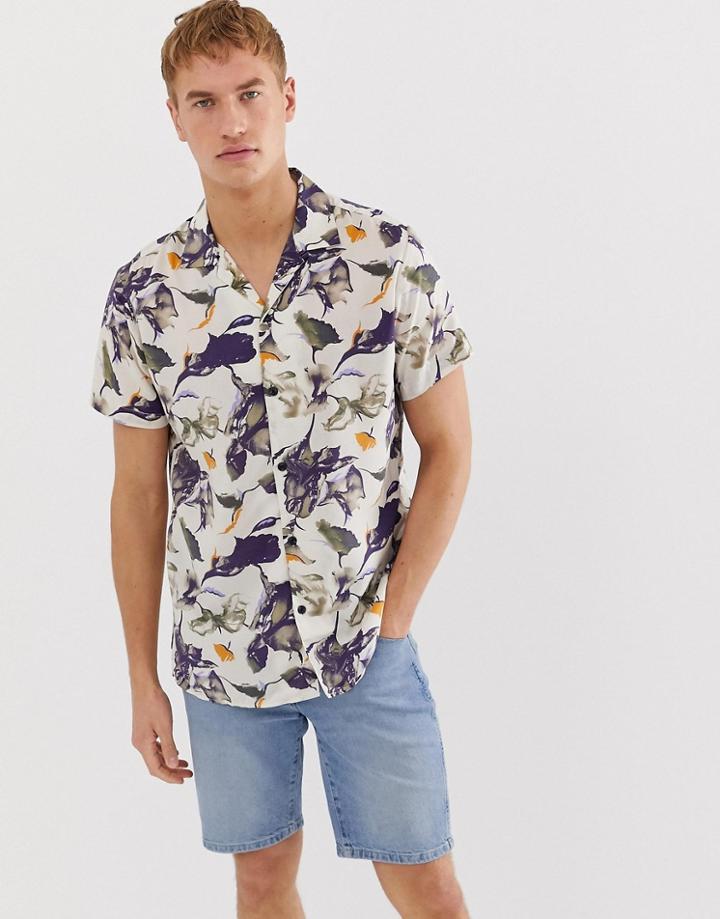 Selected Homme Revere Collar Viscose Shirt With All Over Print - Navy