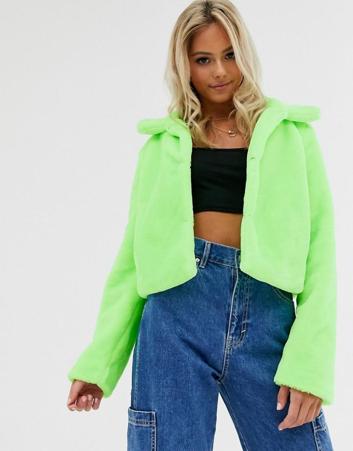 Brave Soul Rome Neon Cropped Faux Fur Jacket-green