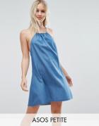 Asos Petite Denim Halter Neck Sundress In Mid Wash Blue - Blue