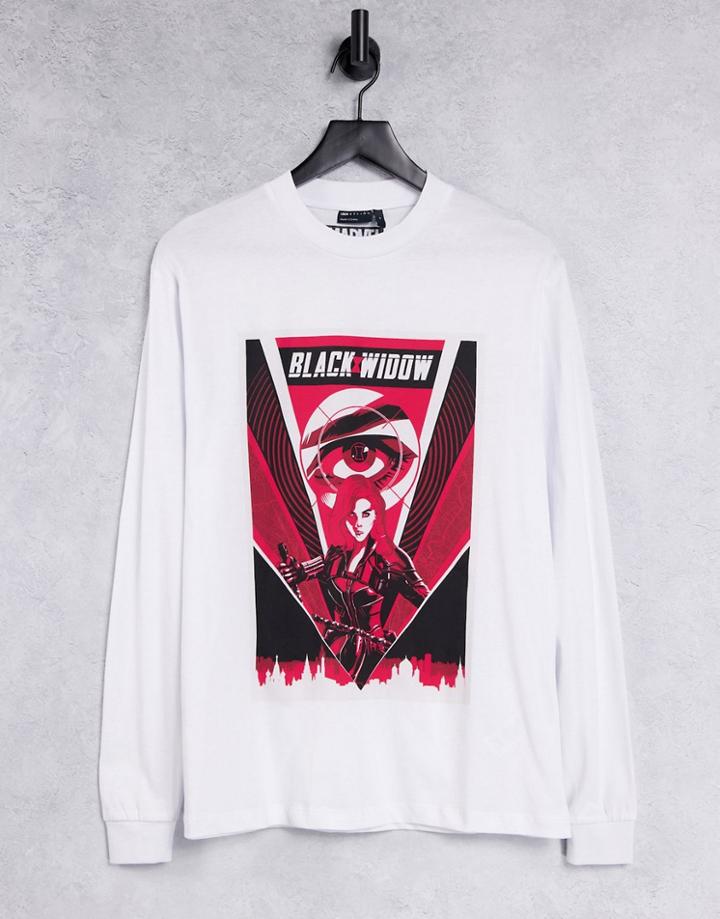 Asos Design Marvel Long Sleeve T-shirt With Black Widow Print In White