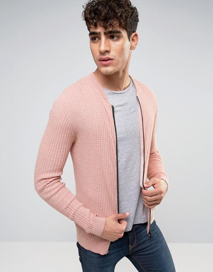 Asos Knitted Bomber With Waffle Texture In Muscle Fit - Pink