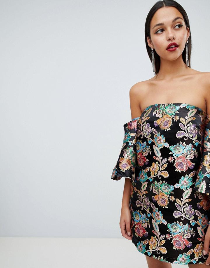 Asos Design Bardot Structured Mini Dress In Jacquard - Multi