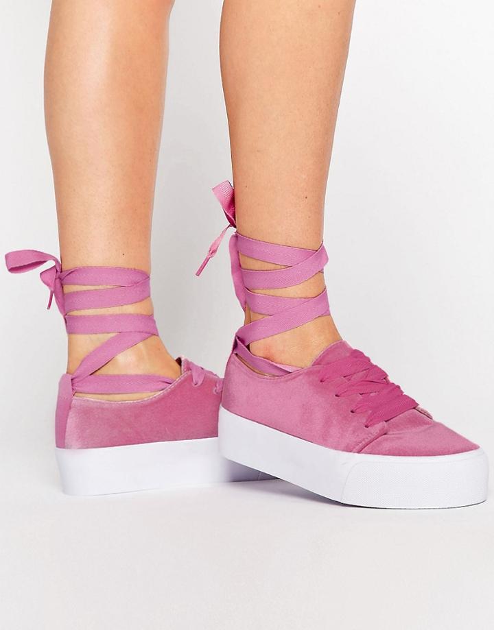 Asos Denver Velvet Tie Leg Sneakers - Pink