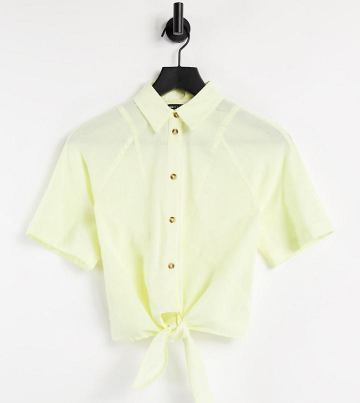Asos Design Petite Linen Short Sleeve Shirt With Tie Front In Lemon-no Color