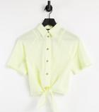 Asos Design Petite Linen Short Sleeve Shirt With Tie Front In Lemon-no Color