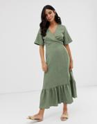 New Look Linen Tiered Wrap Dress In Green - Green