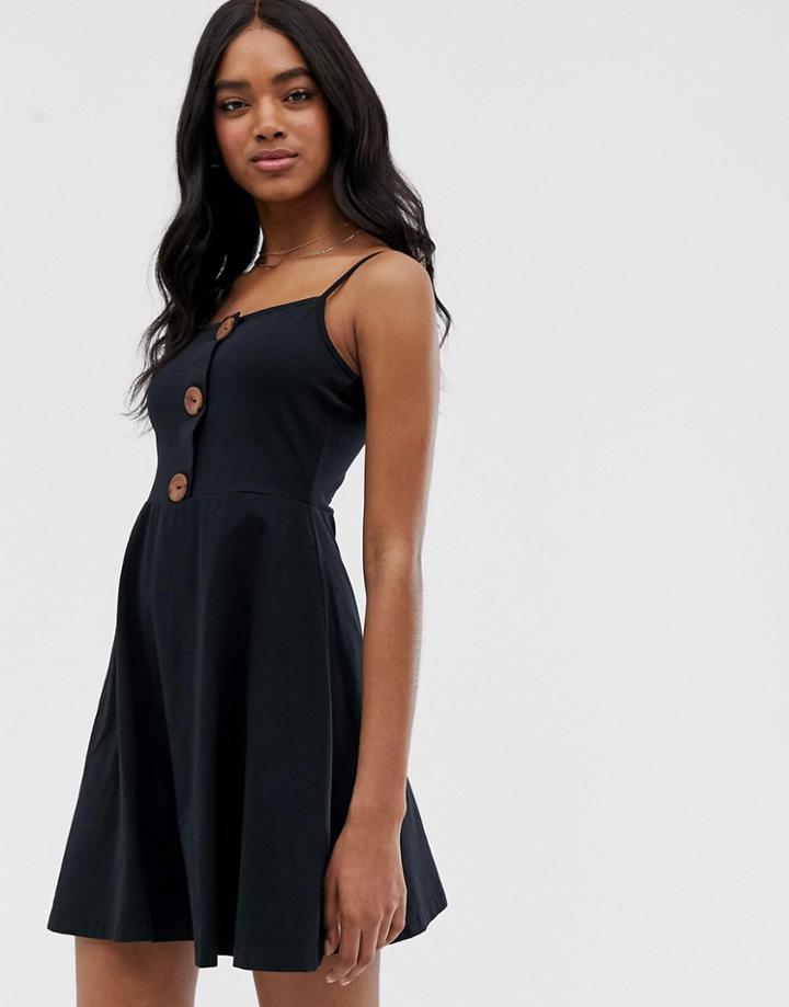 Asos Design Mini Button Front Square Neck Skater Dress - Black