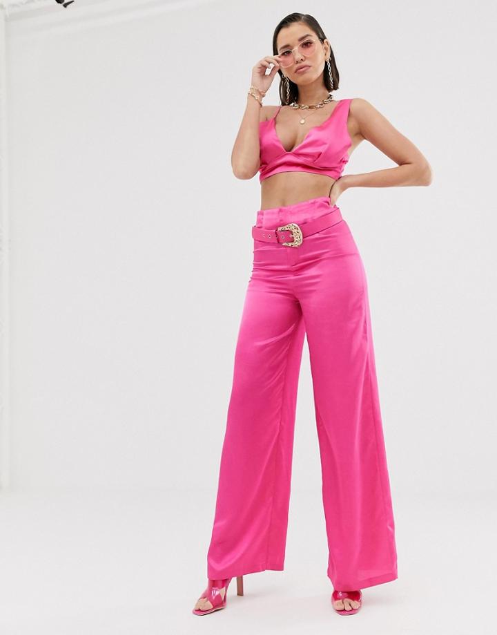 Katchme Satin Wide Leg Pants With Belt Detail In Hot Pink