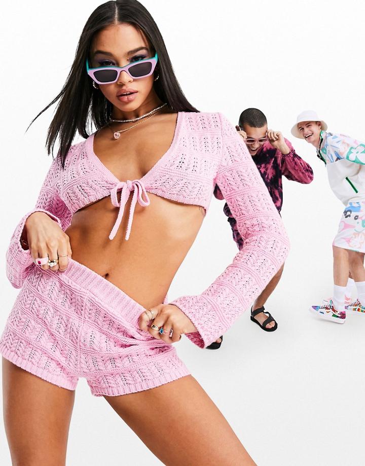 Asos Design Set Crochet Tie Front Cardigan In Pink