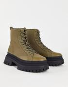 Asos Design Lace-up Boots In Khaki Canvas On Chunky Sole-green