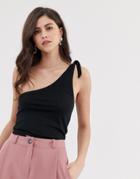 Asos Design One Shoulder Knot Top In Rib - Black