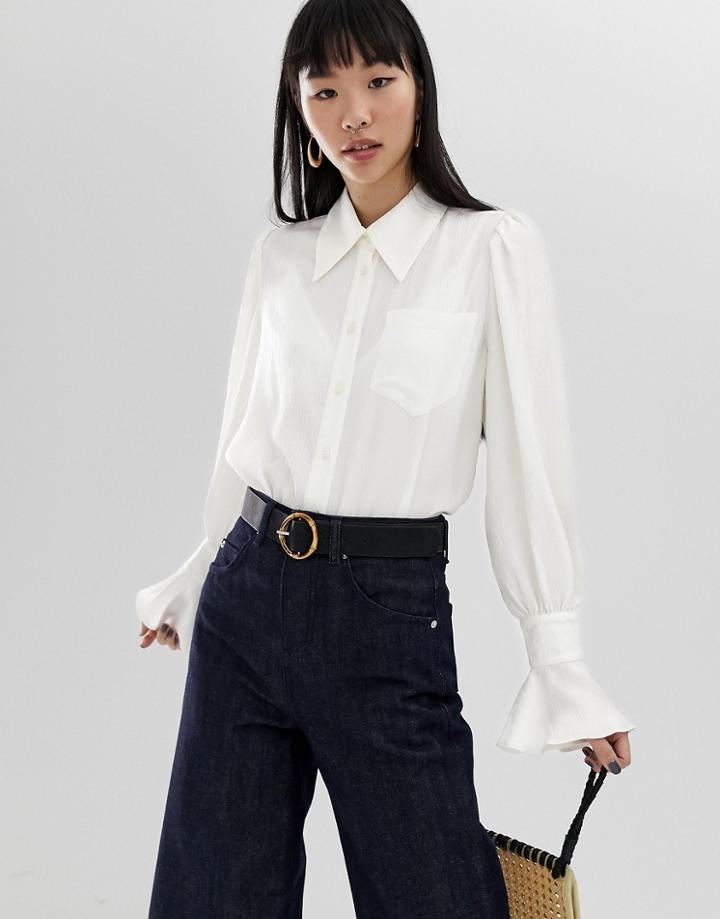 Asos Design Crinkle Shirt With Fluted Cuff And Long Sleeves - White
