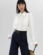 Asos Design Crinkle Shirt With Fluted Cuff And Long Sleeves - White