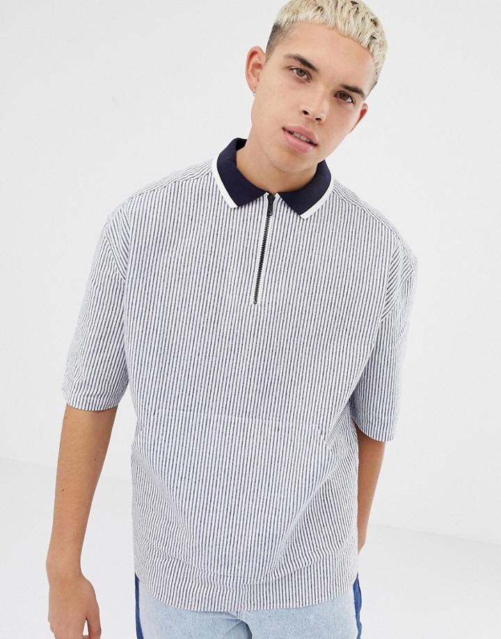 Collusion Short Sleeve Striped Shirt With Half Zip - Navy