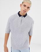 Collusion Short Sleeve Striped Shirt With Half Zip - Navy