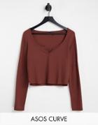 Asos Design Curve Top With Notch Neck In Waffle With Long Sleeves In Brown