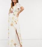 Hope & Ivy Maternity Bridesmaid Cape Back Maxi Dress With Slit In Soft Yellow Floral-multi