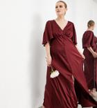 Asos Edition Curve Satin Flutter Sleeve Maxi Dress With Button Front In Wine-red