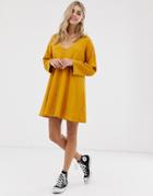 Asos Design Mini Button Through Swing Dress In Texture-yellow
