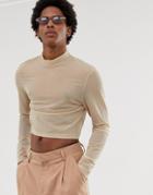Asos Design Skinny Cropped Long Sleeve T-shirt With Turtleneck In Fine Mesh-beige