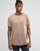 Asos Longline T-shirt With Raw Edge And Distressing In Beige - Sand Dune