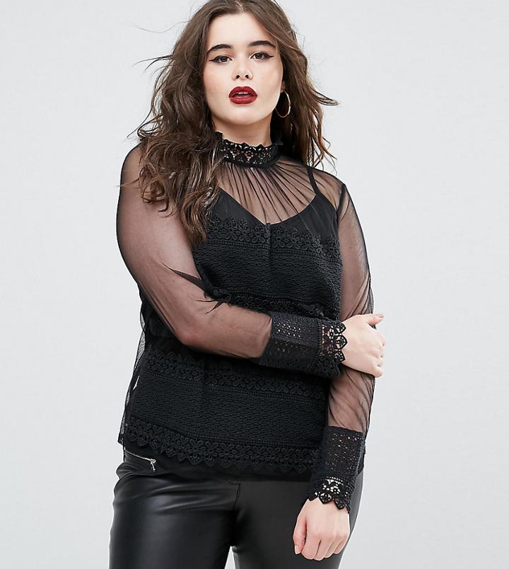 Asos Curve Mesh & Lace Insert Top - Black