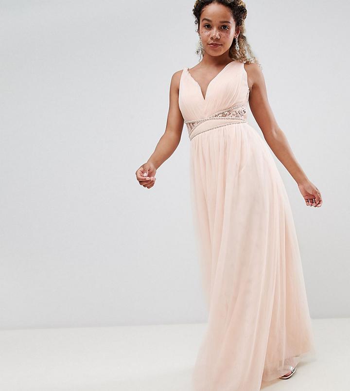 Little Mistress Petite Embellished Waist Maxi Dress With Lace Back In Nude - Pink