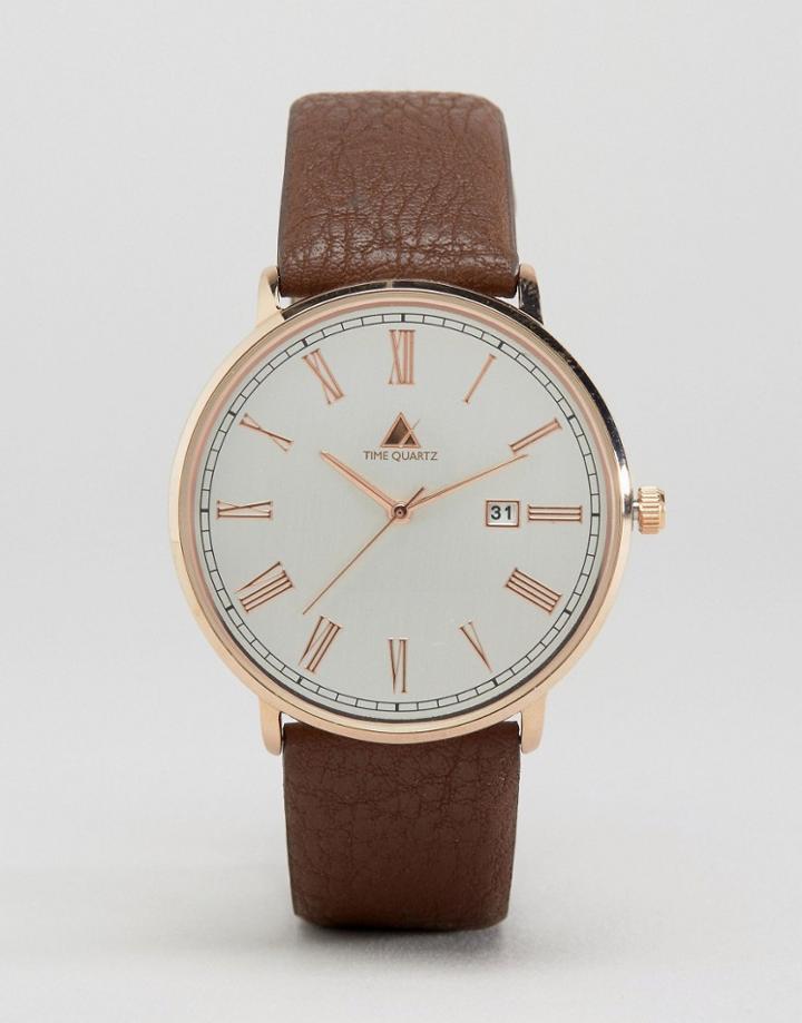 Asos Watch With Brushed Face And Leather Strap - Brown