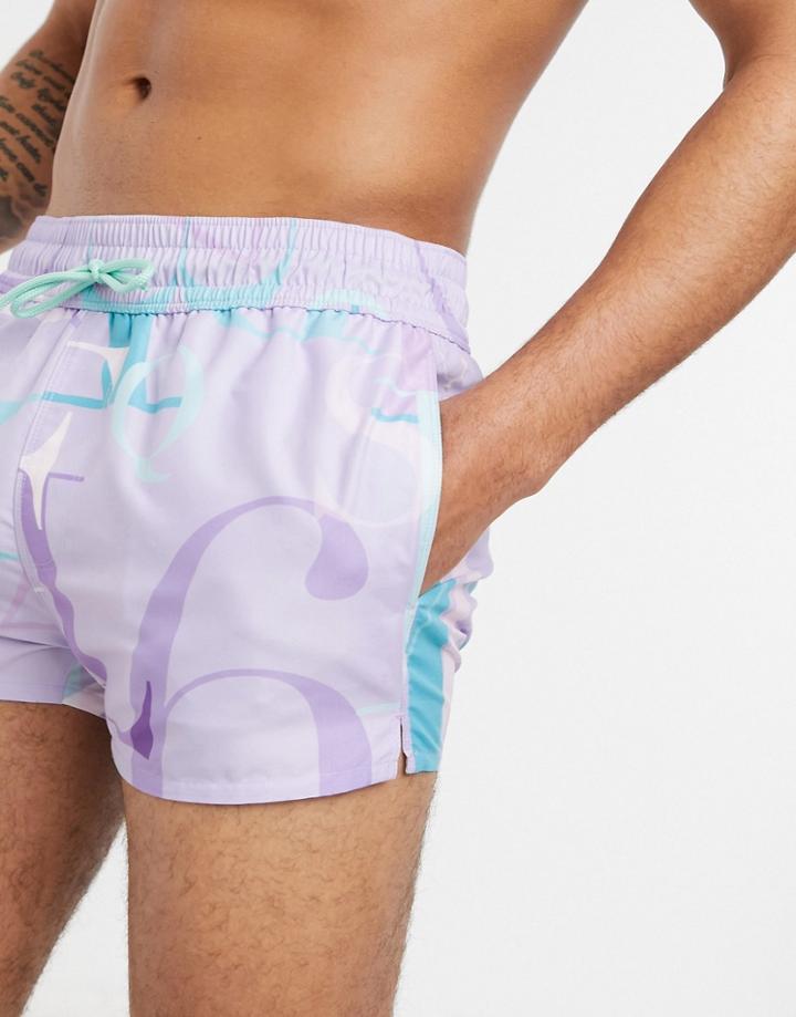 Asos Design Swim Shorts In Lilac With Slogan Super Short Length-purple