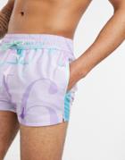 Asos Design Swim Shorts In Lilac With Slogan Super Short Length-purple